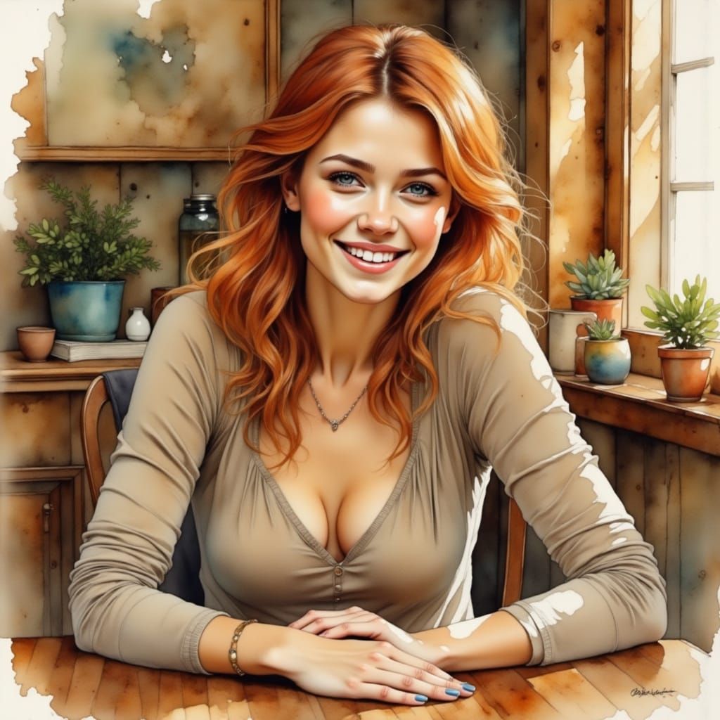 Beautiful Ginger-Haired Woman Portrait in Alcohol-Ink Style