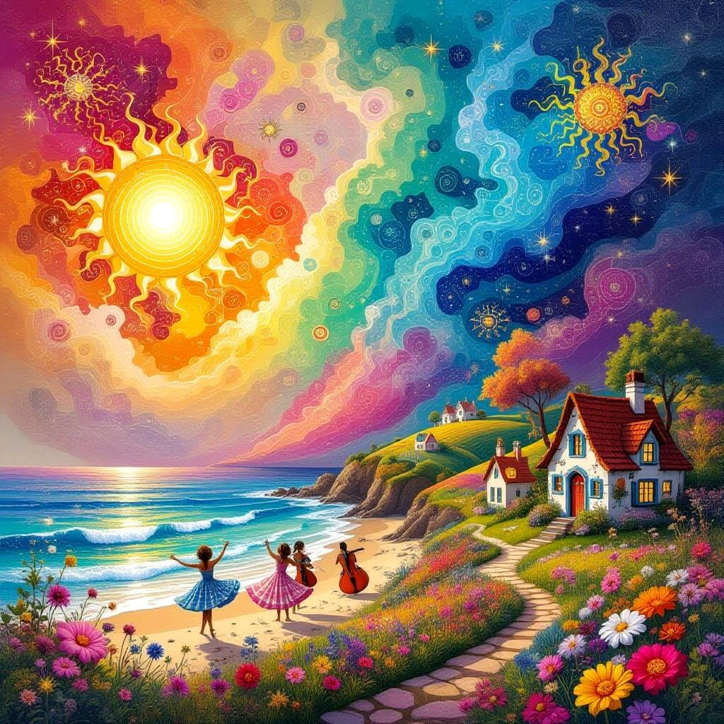 Vibrant Surreal Beachside Oasis in Whimsical Quantum Dot Sty...