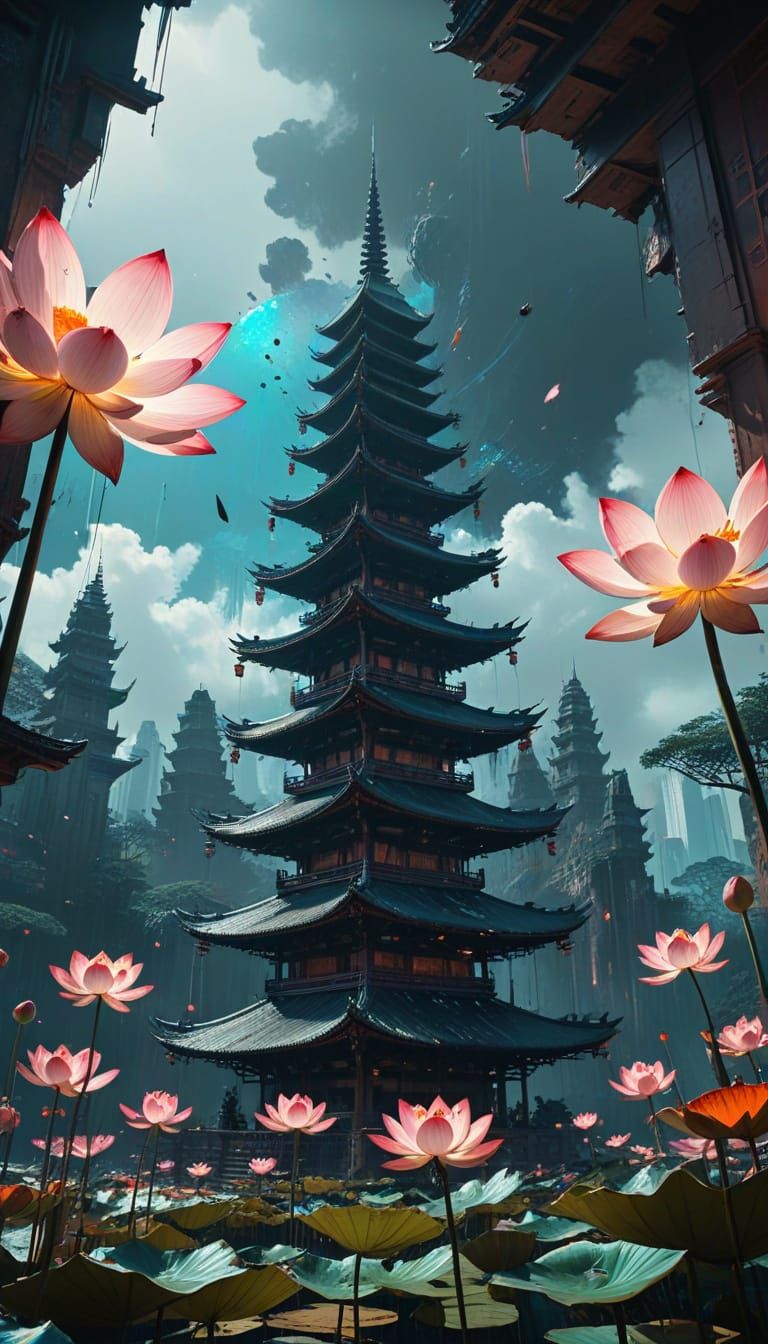 Surreal Lotus Tower in Whimsical Manga Style