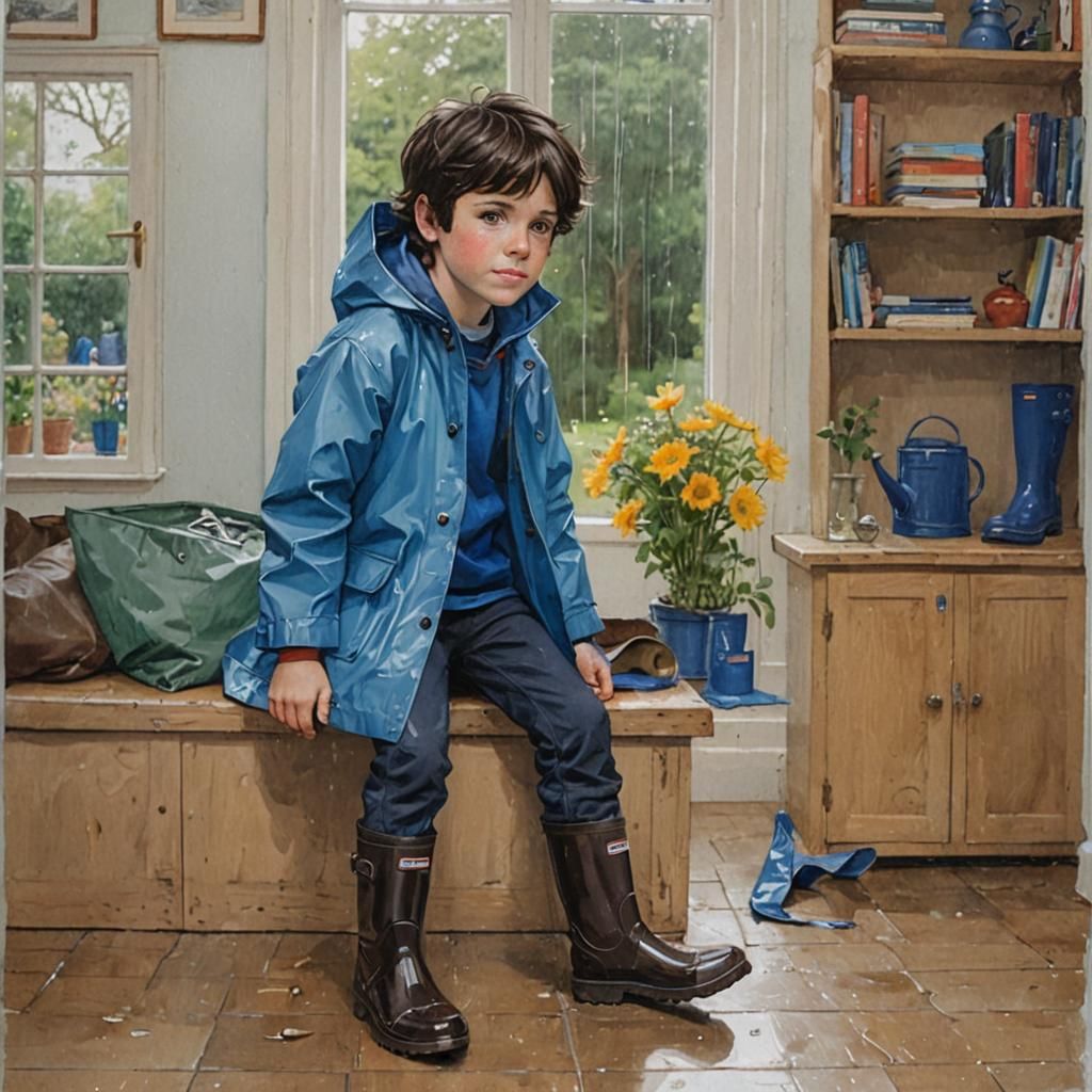 Boy with Brown Hair Tries on New Raincoat
