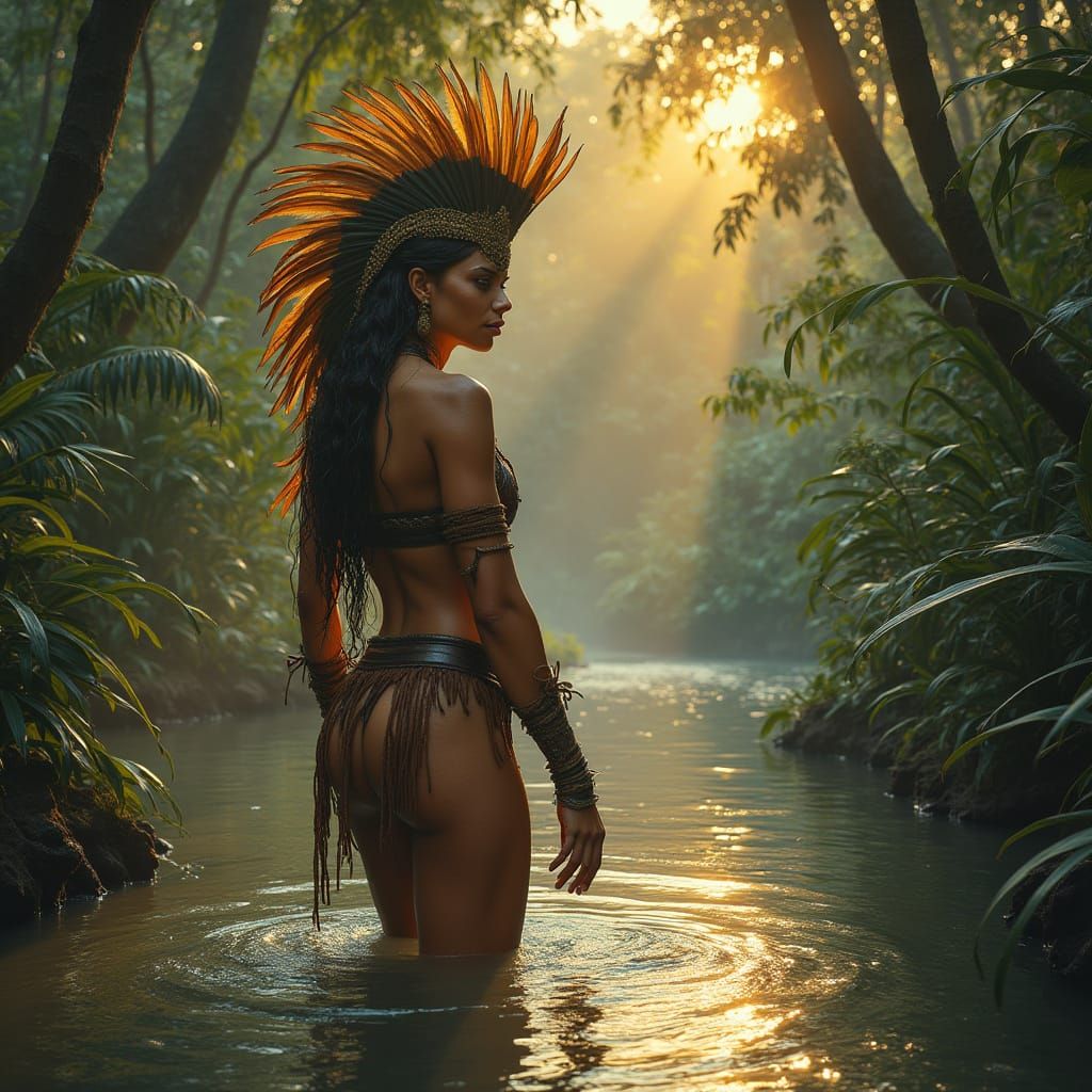 Amazon Warrior Bathes in Dusk Light: Art-Inspired Image