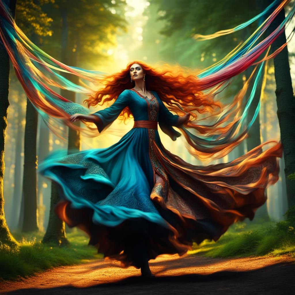 Gypsies Dancing Around Maypole in Art Nouveau Style