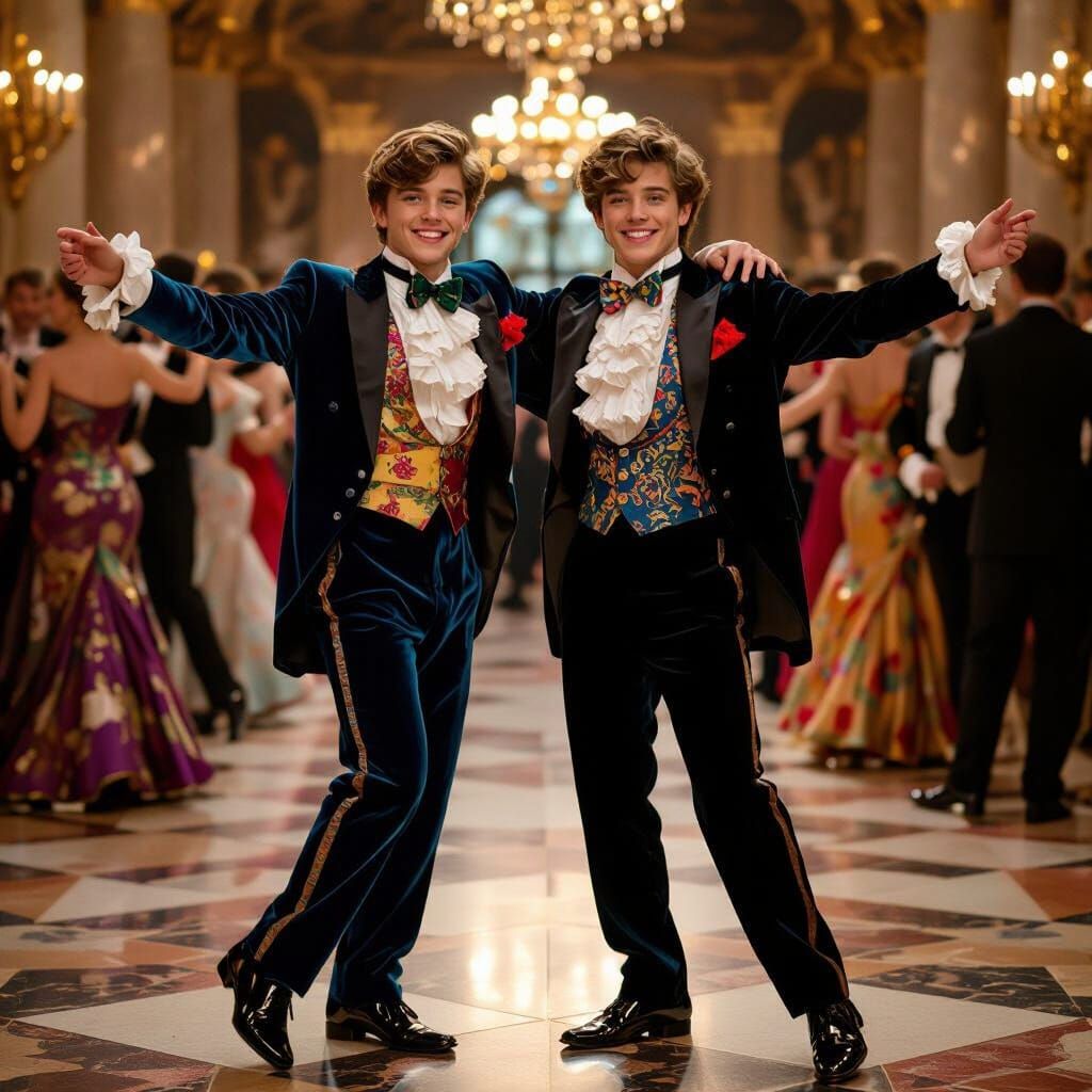 Teenage Males Dancing in Velvet Tuxedos in Elegant Ballroom