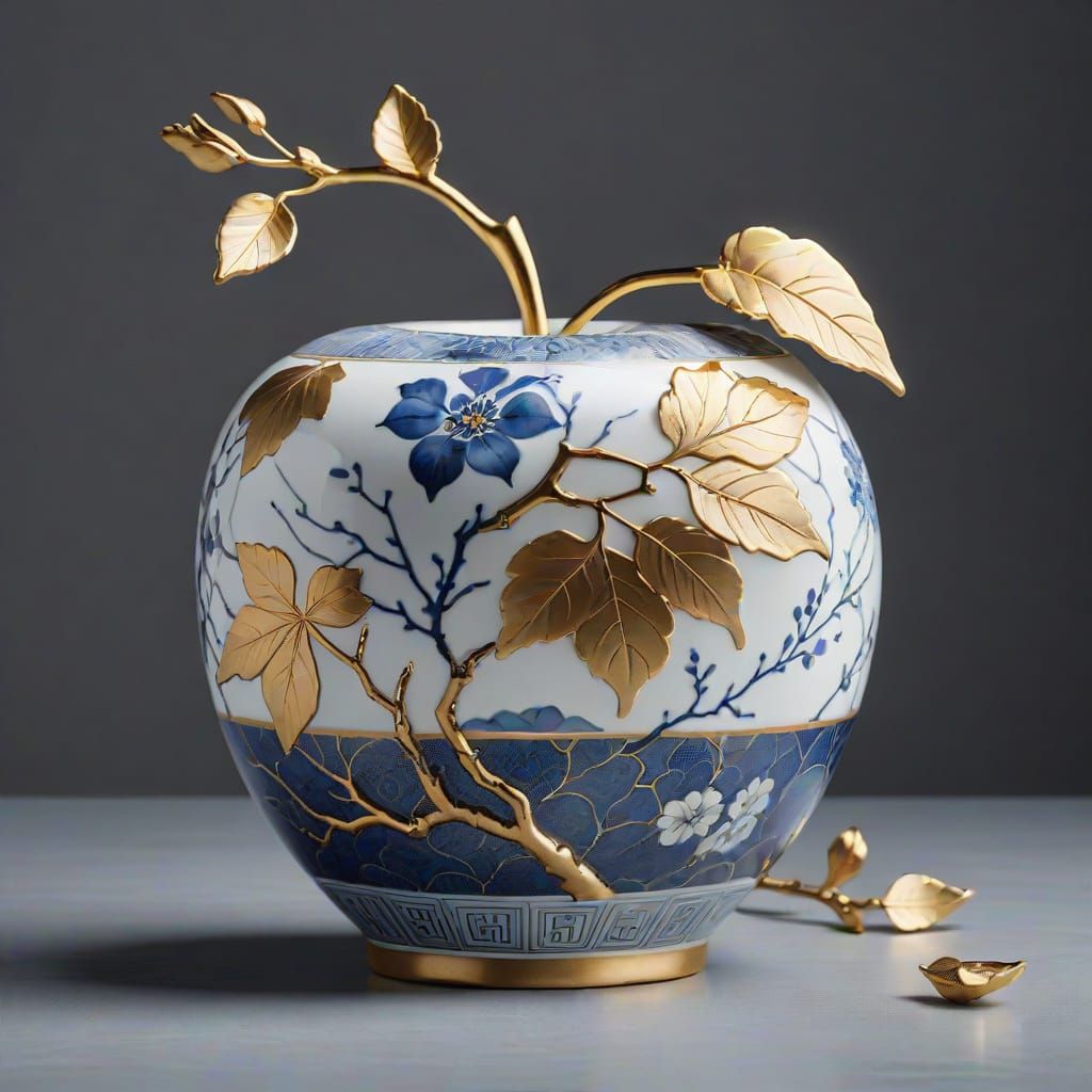 Elegant Kintsugi-Repaired Apple in Traditional Chinese Patte...