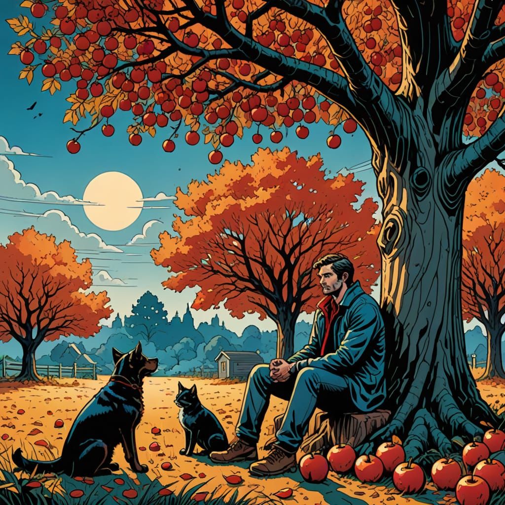 Man with Dog and Cat Under Apple Tree in Comic Art
