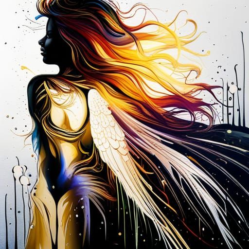 Golden Angel Silhouette in Graffiti Art Style