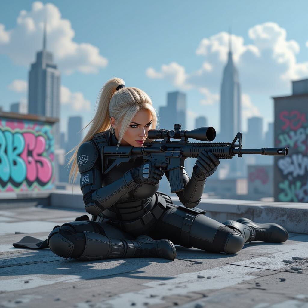 Ninja Sniper on Rooftop in Dynamic Street Art Style
