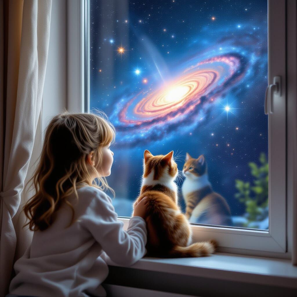 Child and Cat Stargazing into Outer Space