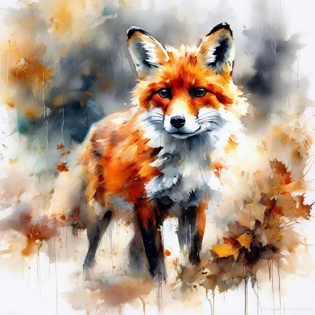 Tiny Fox on Autumn Forest Path in Neo-Impressionist Style