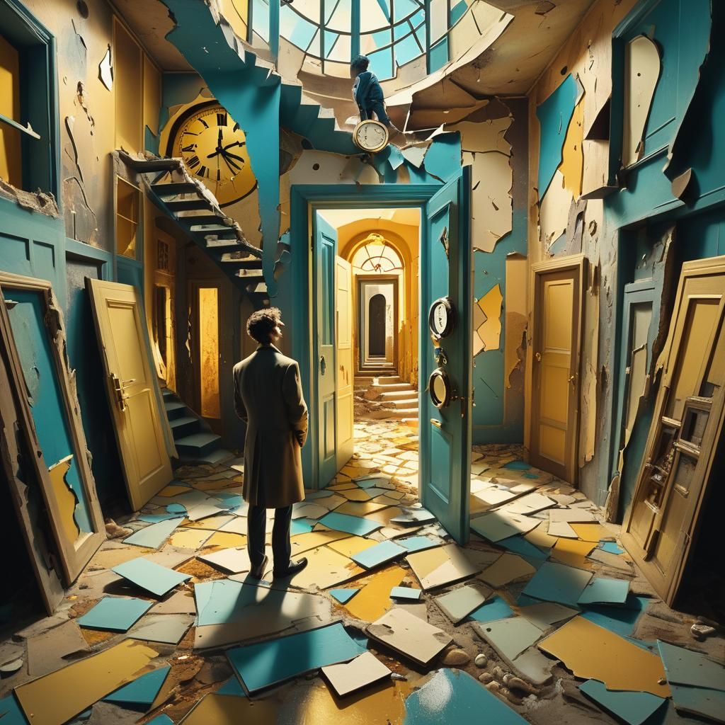Surreal Labyrinth with Melting Shapes and Distorted Clock