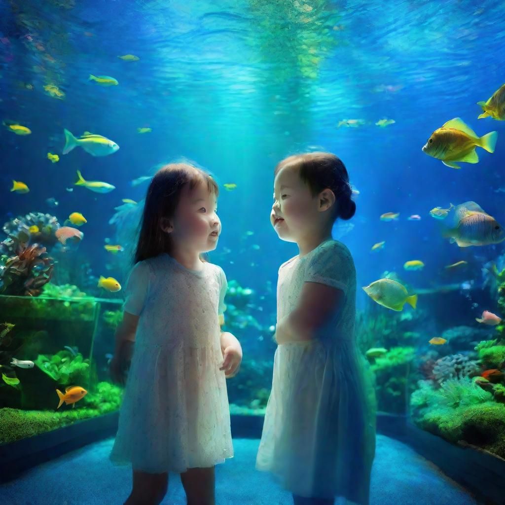 Girl with Down Syndrome at Aquarium: Vibrant Digital Art