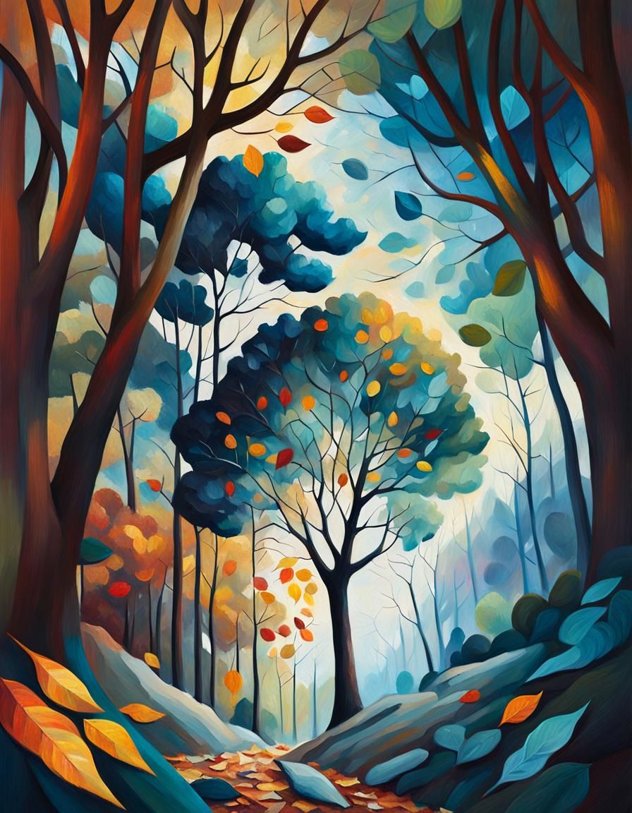 Expressionist Tree in Autumnal Forest Oil Painting