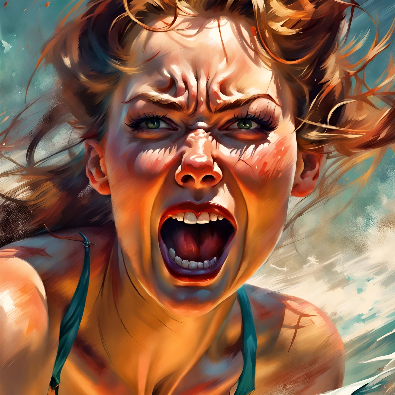 Enraged Woman in Bikini: Digital Pin-Up Portrait