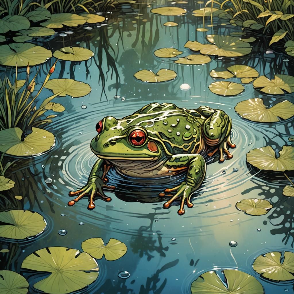 Frog Leap in Pond: Comic Book Art Illustration