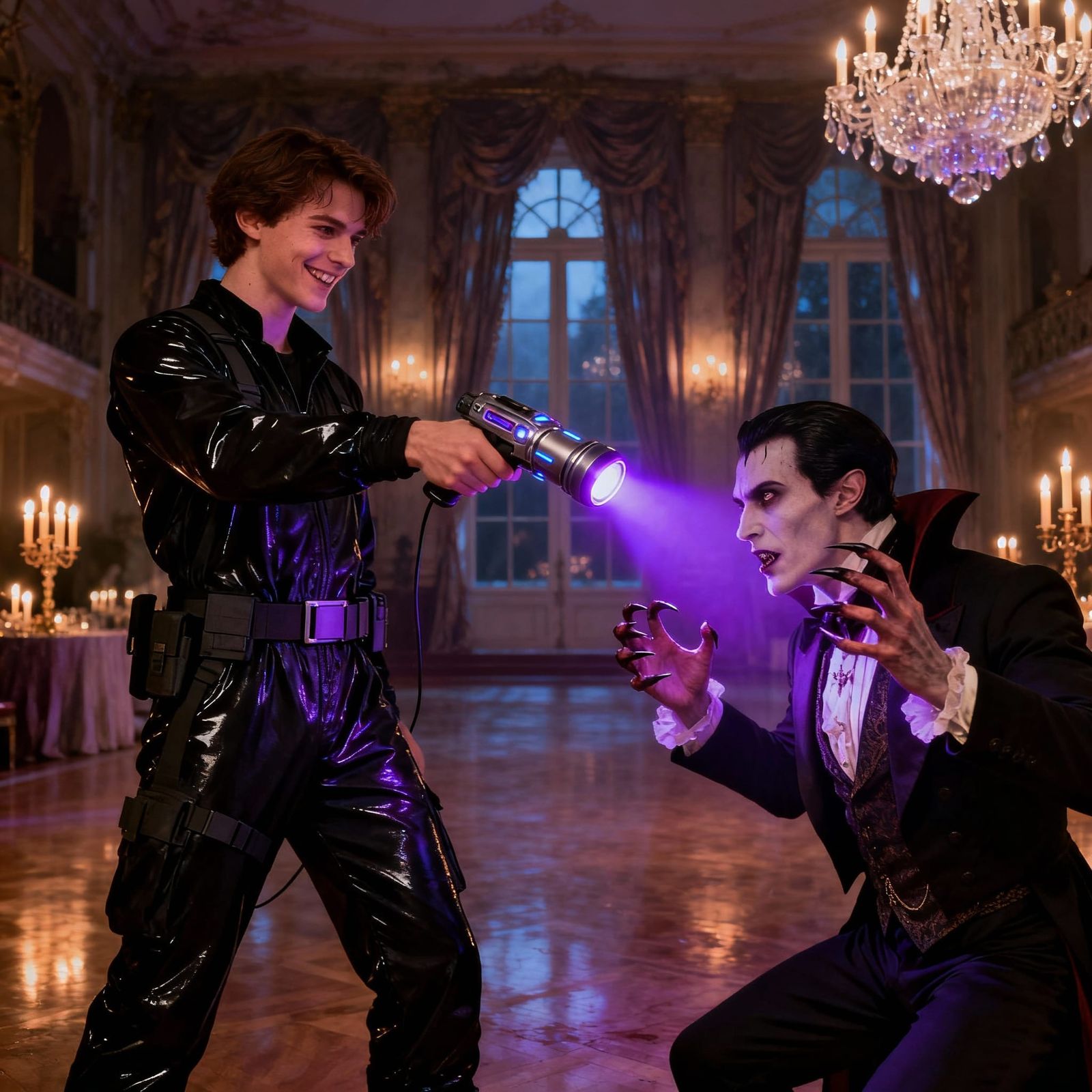 Vampire Cowering From Violet Light in Gothic Ballroom