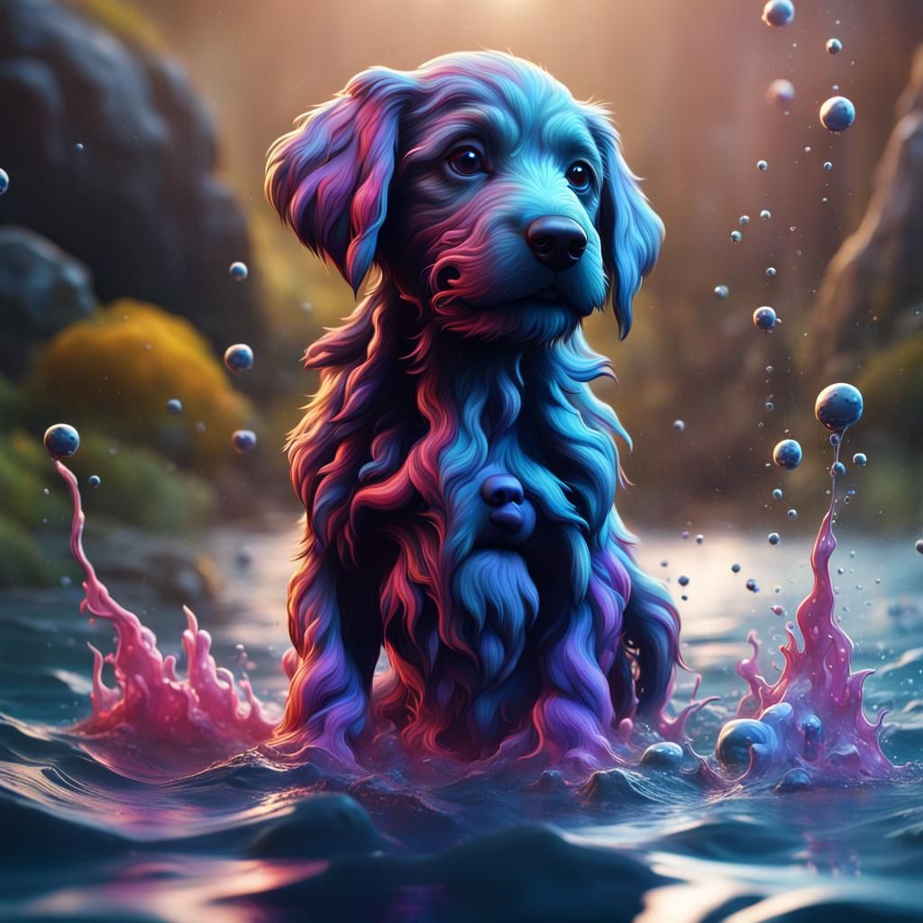 Colorful Puppy Emerges From Water: Detailed Digital Art