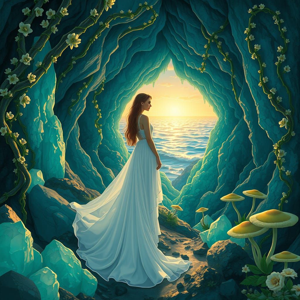 Woman in Crystal Cave with Jade Vines