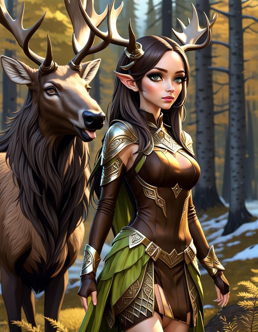 Stylish Dark Elf with Moose and Maple Motifs