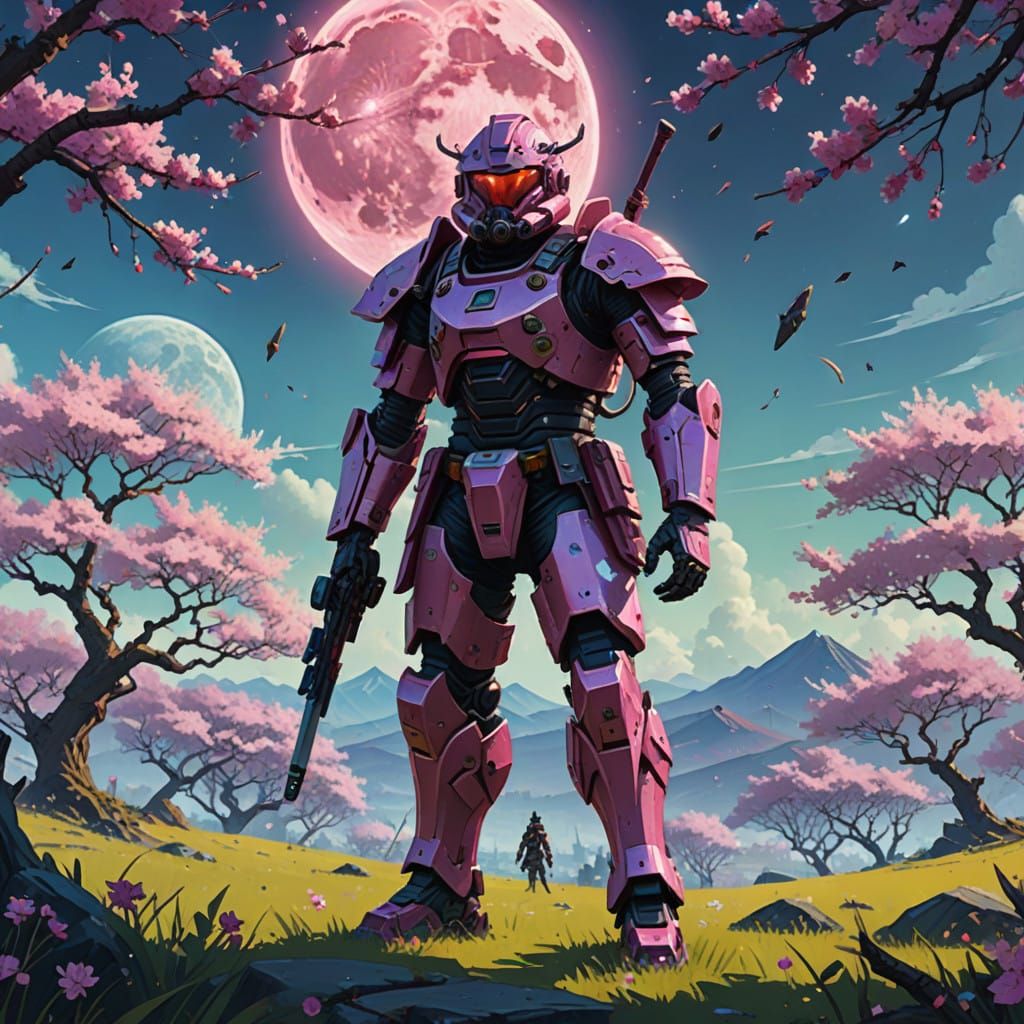 Samurai in Cherry Blossom Field