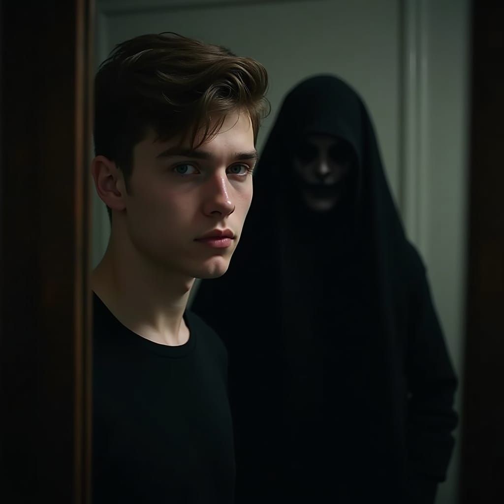 Horror Portrait: Ghostly Reflection in Film Grain Style