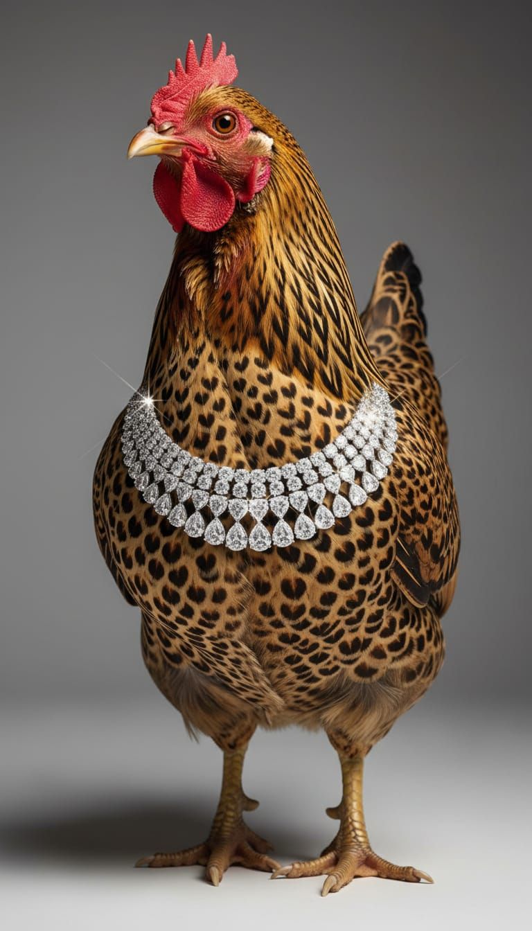 Stylish Chicken in Diamond Necklace, Leopard Feathers