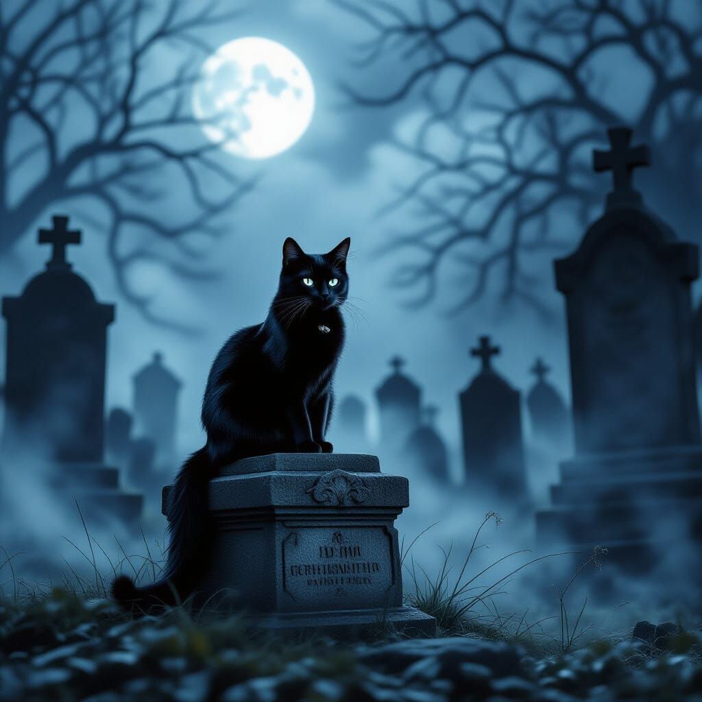 Black Cat in Moonlit Graveyard Gothic Scene