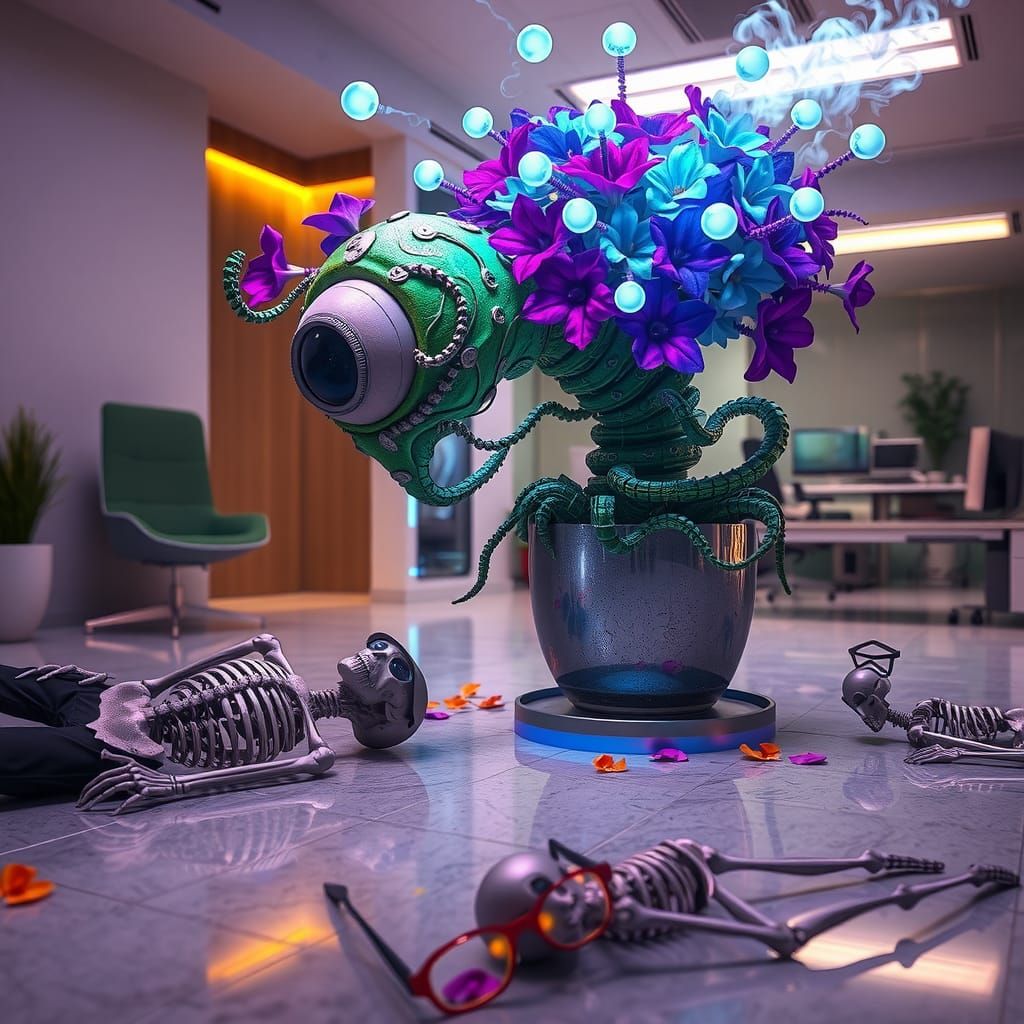 Cyberpunk Alien Plant Observes Office Skeletons