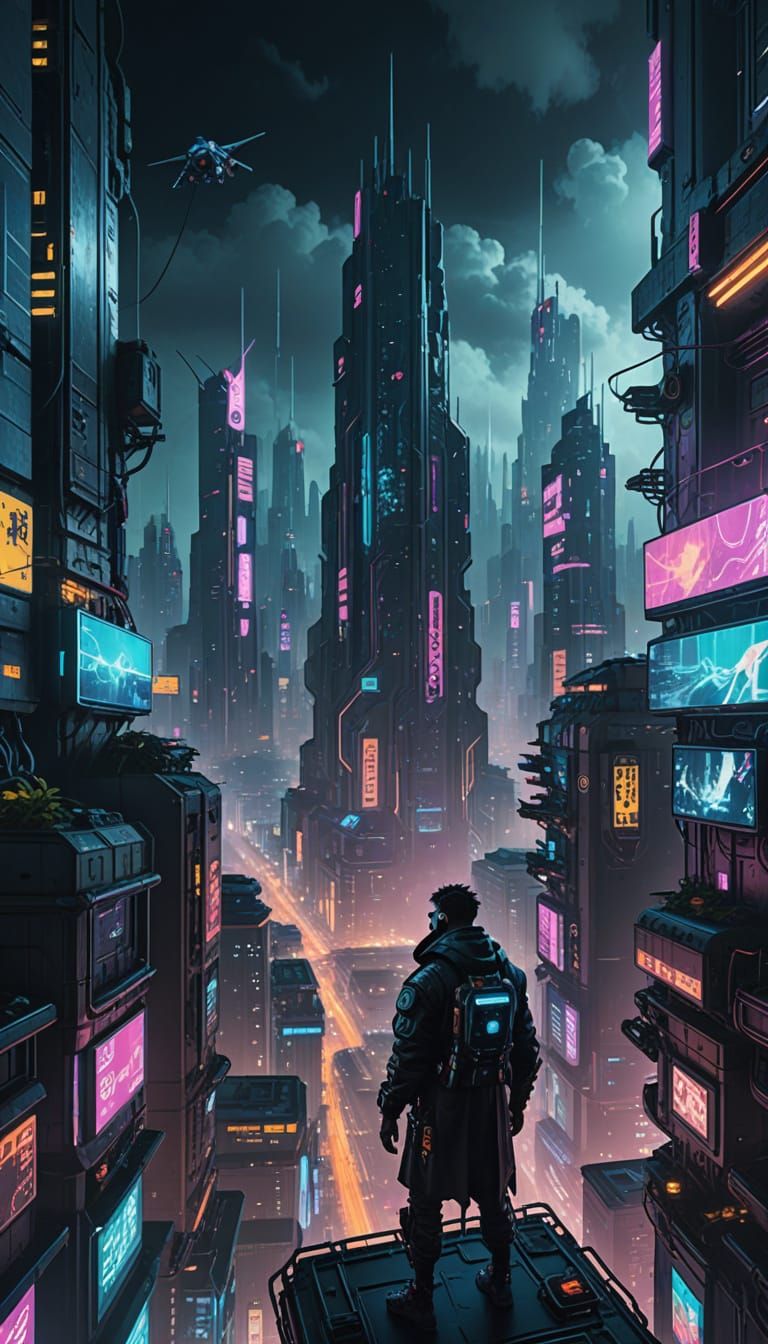 Cyberpunk Cityscape at Night, with Flying Vehicles and a Lon...