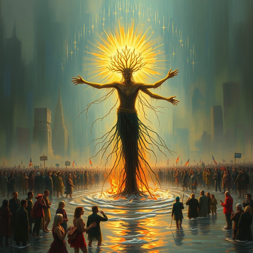 Mystical Rain Dancer in Flooded Cityscape