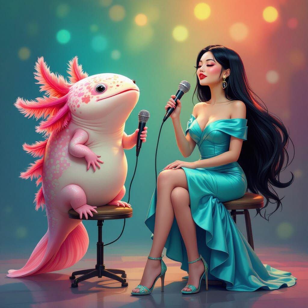 Rainbow Axolotl and Japanese Singer in Digital Art