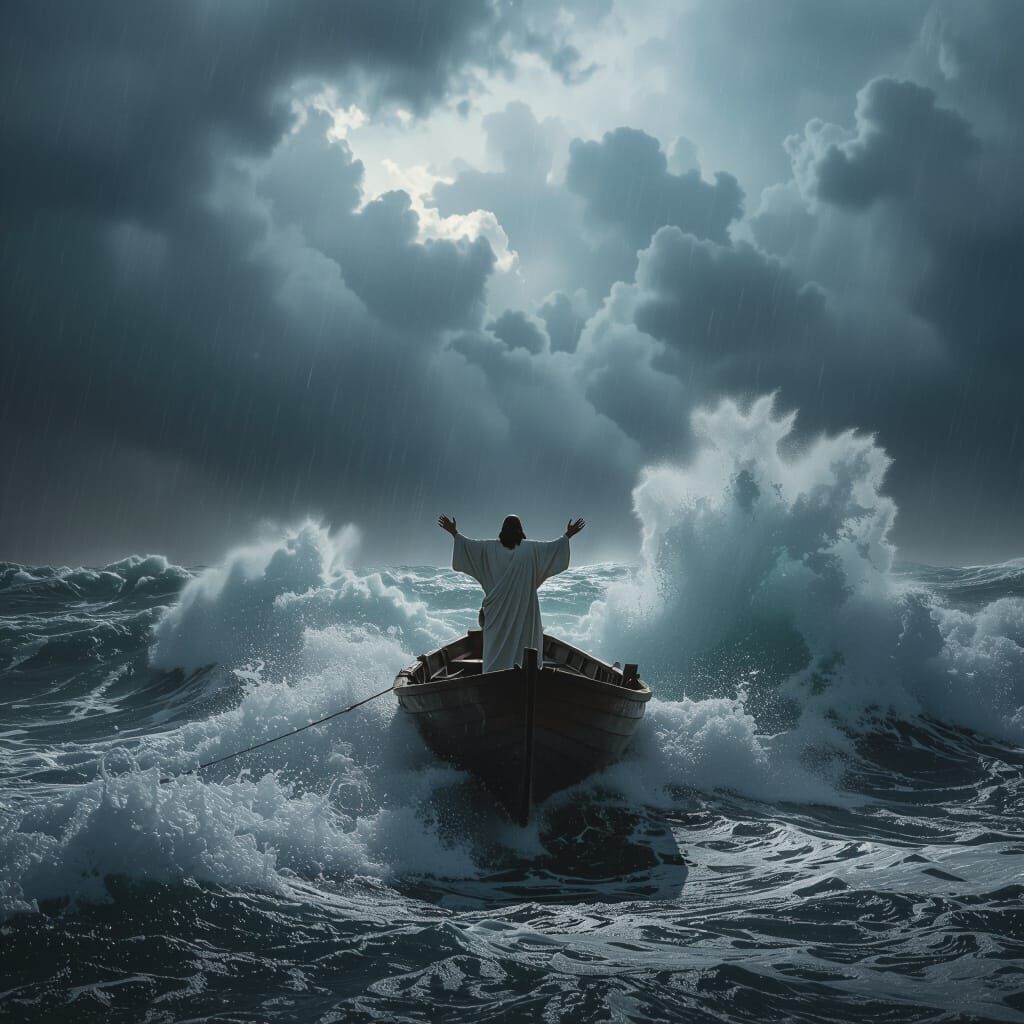 Jesus Calms Stormy Sea Silhouette Over Boat