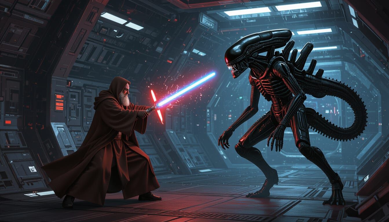 Jedi vs Xenomorph: Sci-Fi Battle in Retro-Futuristic Style