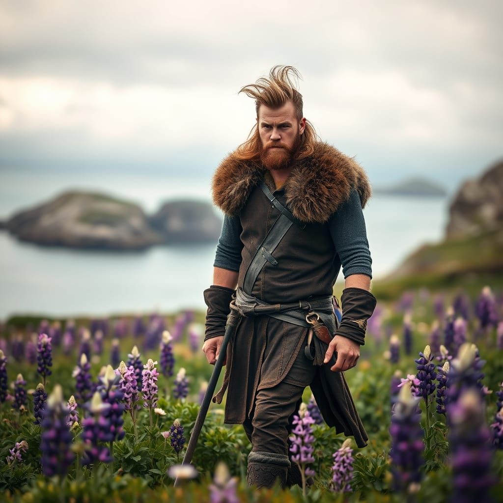 Viking Chris Hemsworth Walks Amidst Lupines in Peggy's Cove