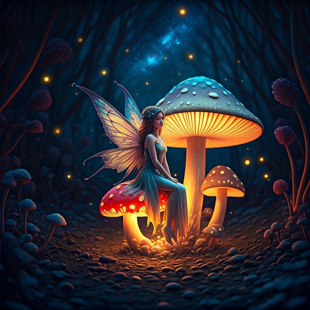 Enchanted Fairy in Glowing Mushroom Forest