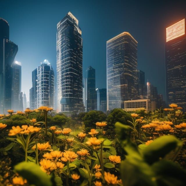 Macro Flower in Miniature City: Digital Matte Painting