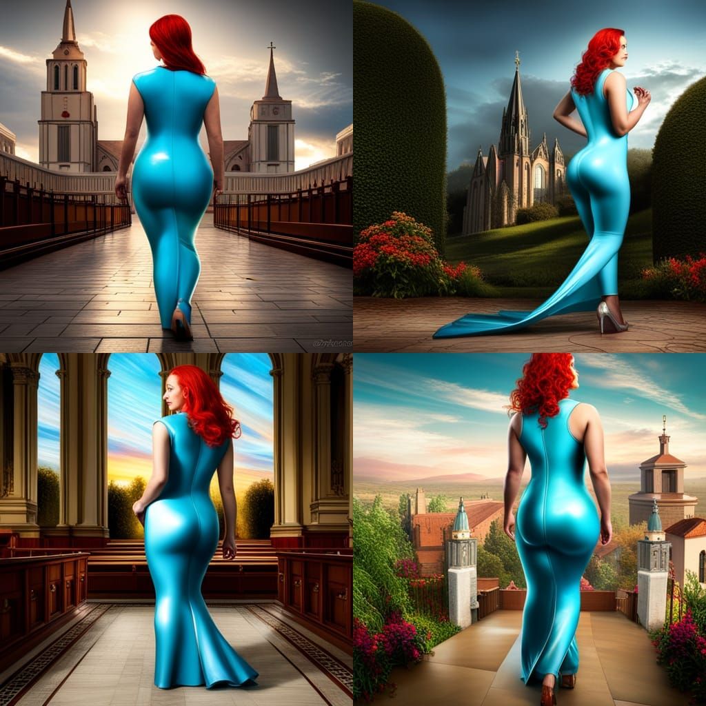 Redhead in Latex Dress Entering Church: Matte Painting