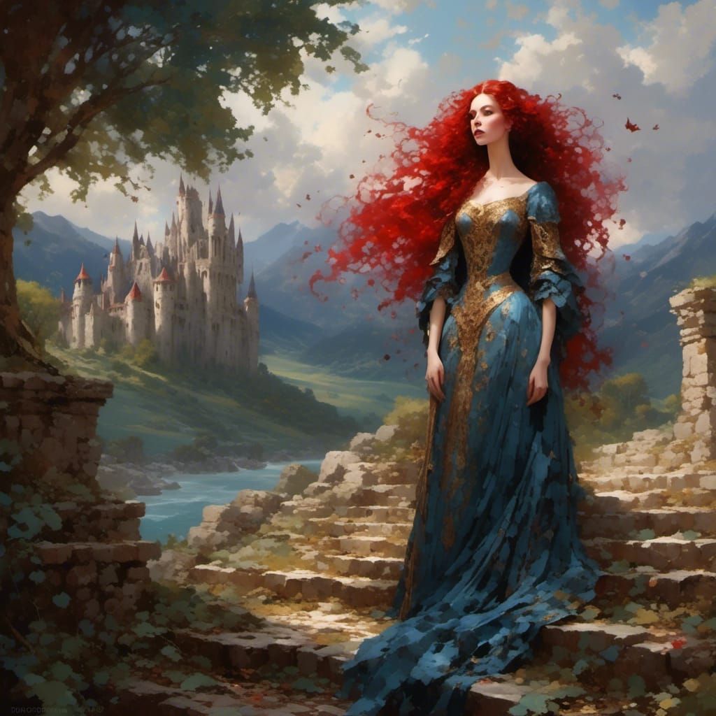 Medieval Castle Ruins with Princess in Gilded Style