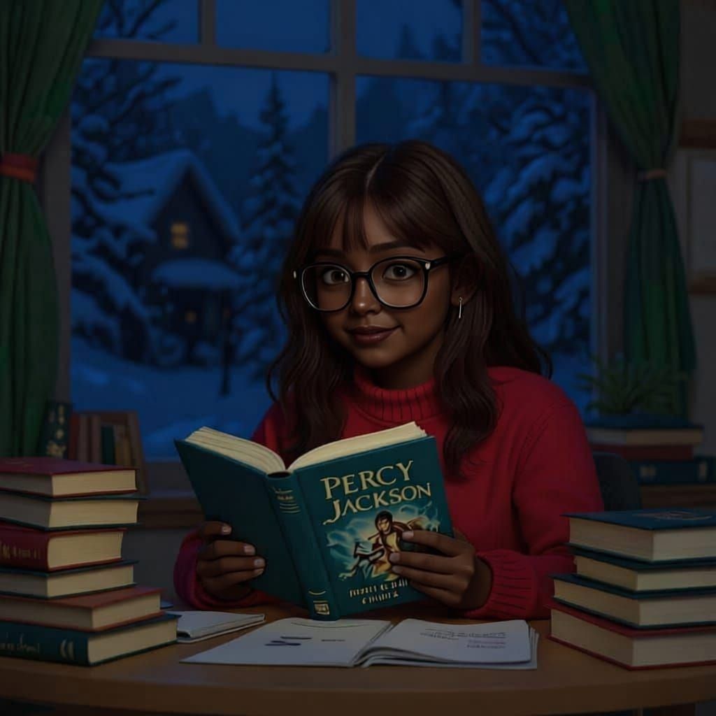 Girl Reading Percy Jackson in Snowy Classroom