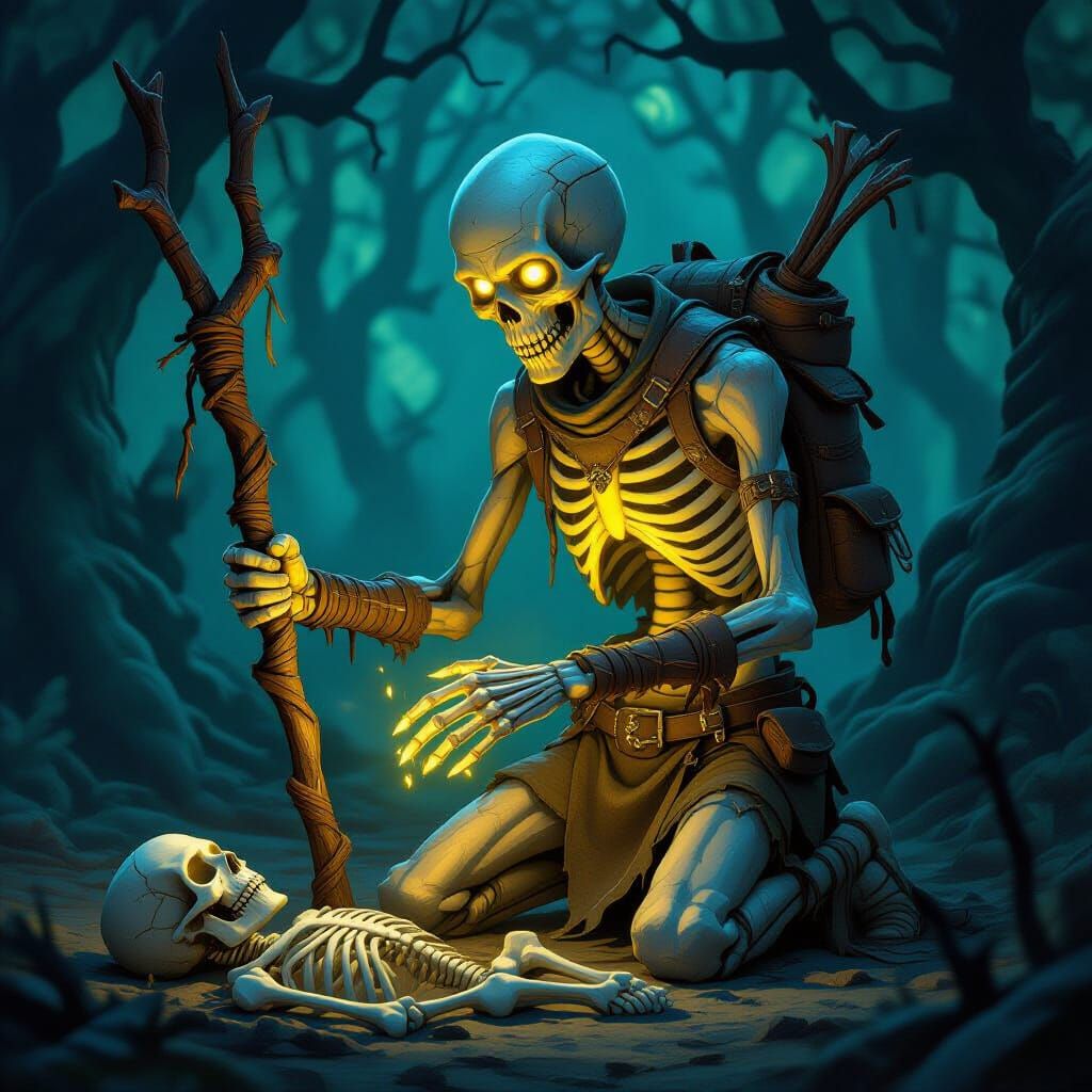 Skeletal Healer Trux Weaves Yellow Mana in Dark Forest