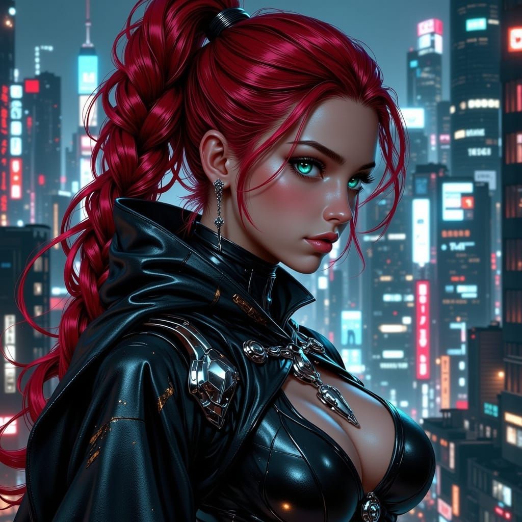 Anime Bodyguard in Futuristic Armor, Red Ponytail, Jade Eyes