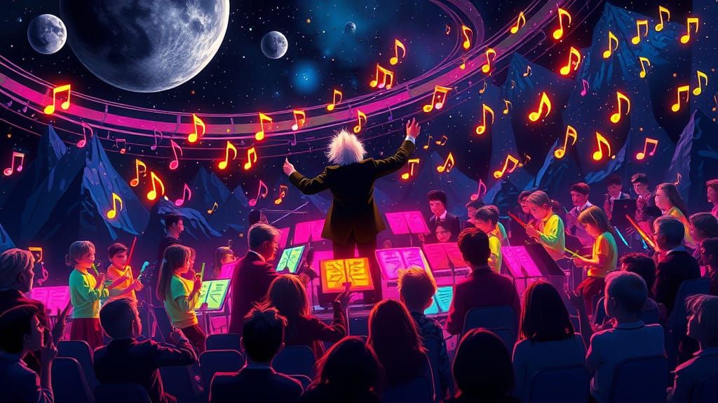 Ethereal Children's Orchestra on a Cosmic Moonlit Stage
