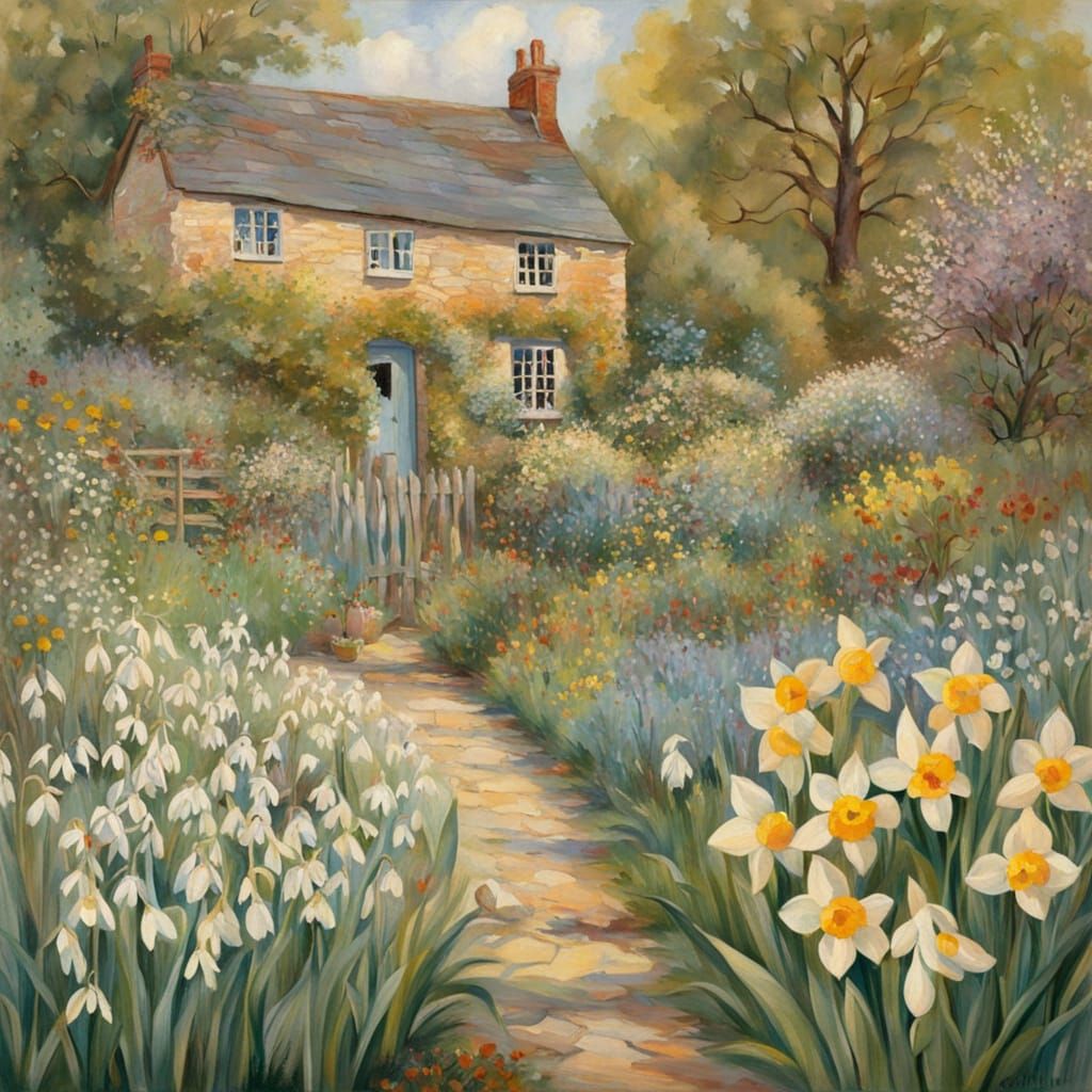 Whimsical Cotswold Cottage Garden Scene in Folk Art Style