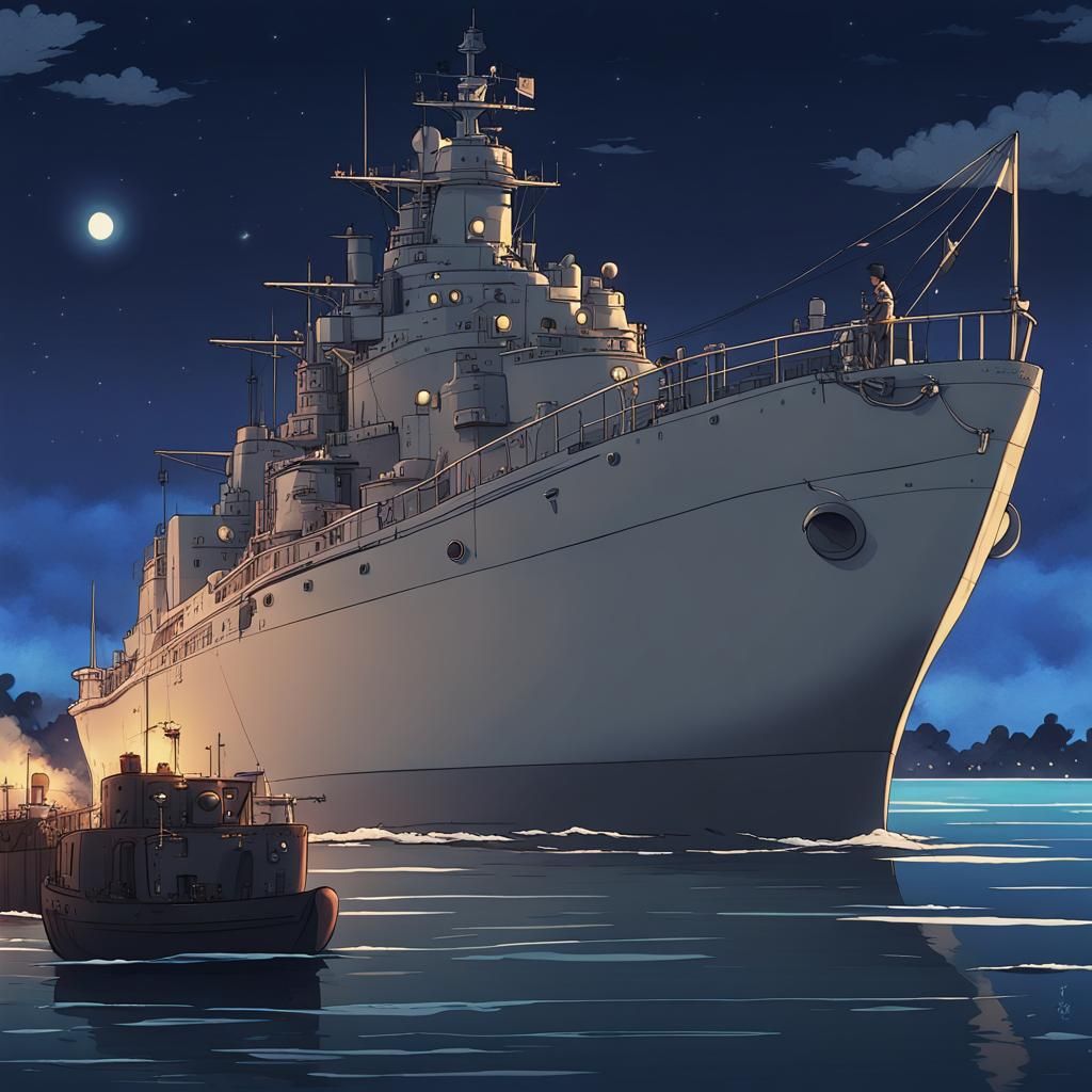 Cozy Navy Ship at Night in Studio Ghibli Style