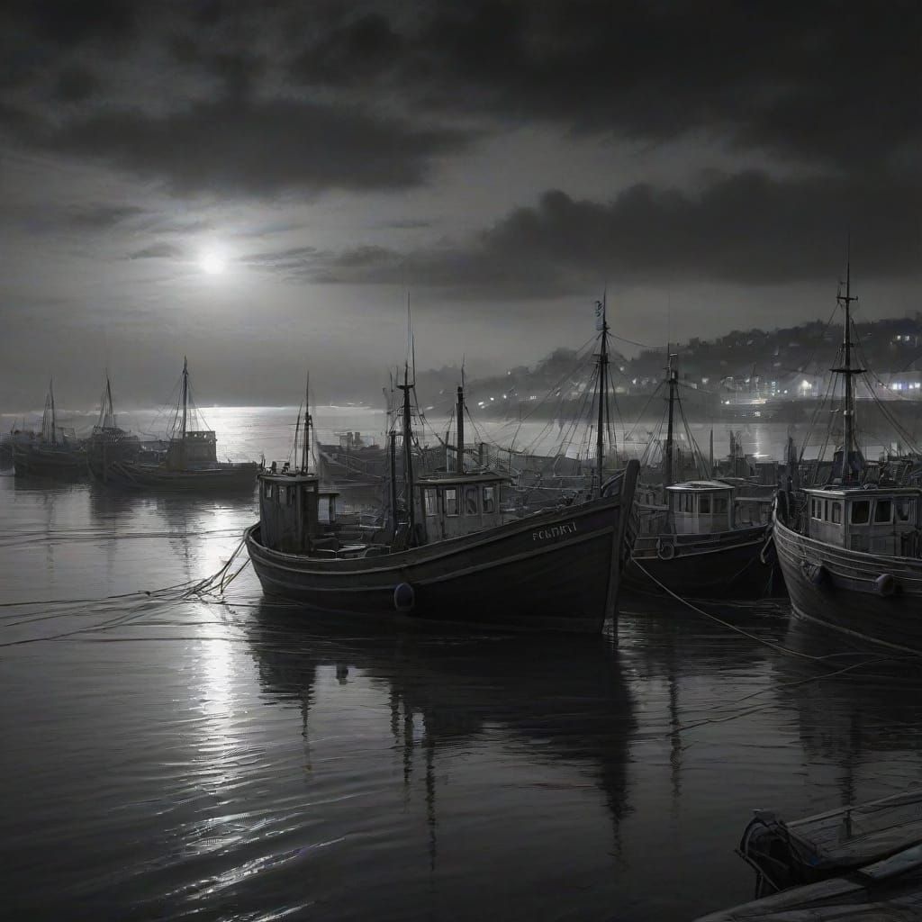 Fishing Harbor at Dawn: Charcoal Art