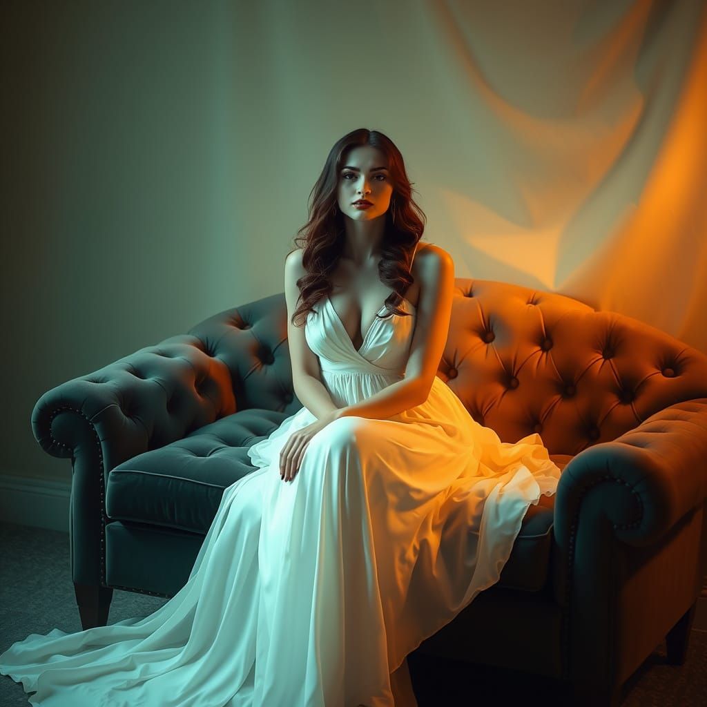 Brunette in White Dress, Alphonse Mucha Style