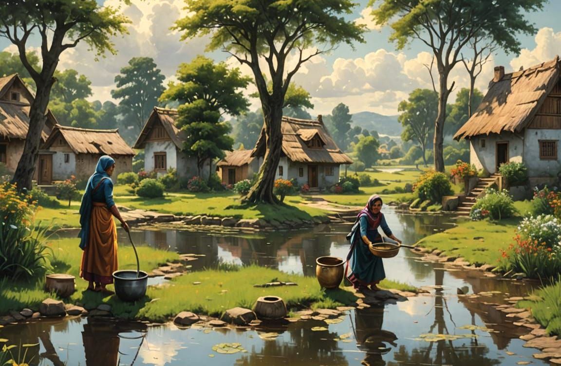 Women Collect Water: Hyperrealistic Countryside Scene