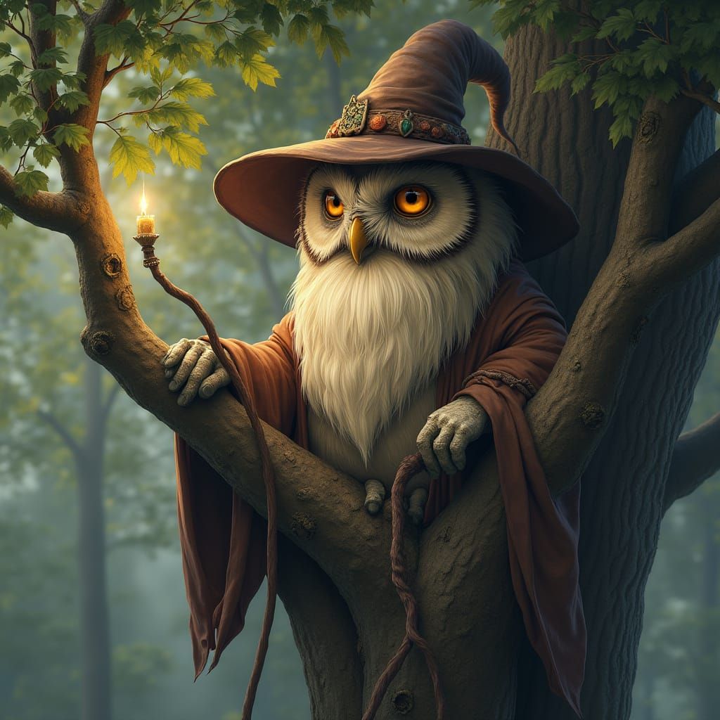 Mystical Owl Wizard Dispenses Wisdom from Ancient Oak