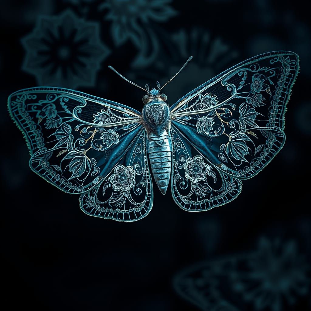 Lace Moth at Night, Intricate Floral Design