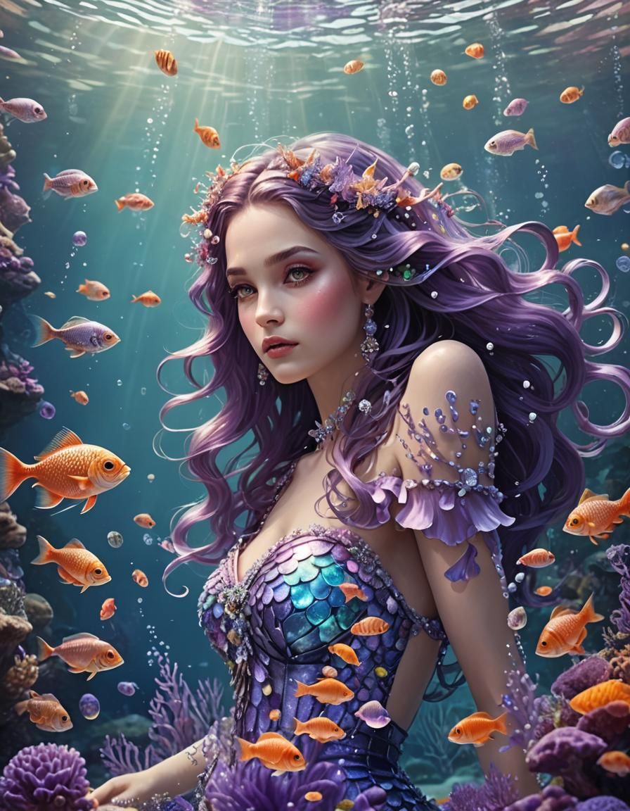 Purple Haired Mermaid in Underwater Fantasy