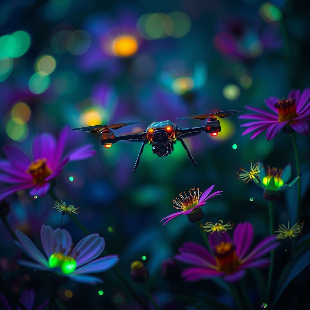 Bee Drone Among Glowing Flowers with Bioluminescent Moths